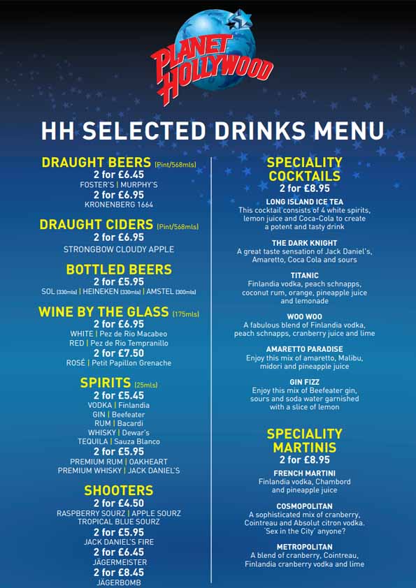 On this flyer all the special drink offers at Planet Hollywood London are shown